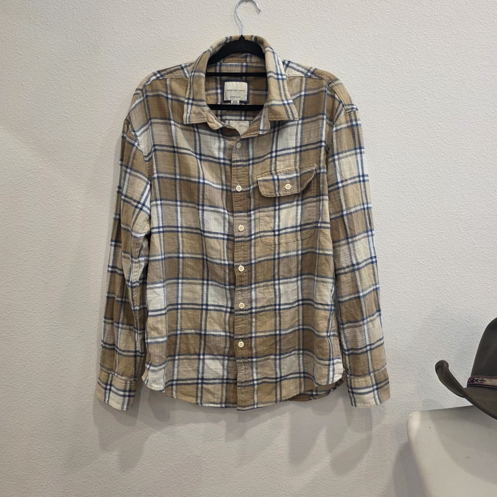 American Eagle Outfitters Tan and White Plaid Shirt